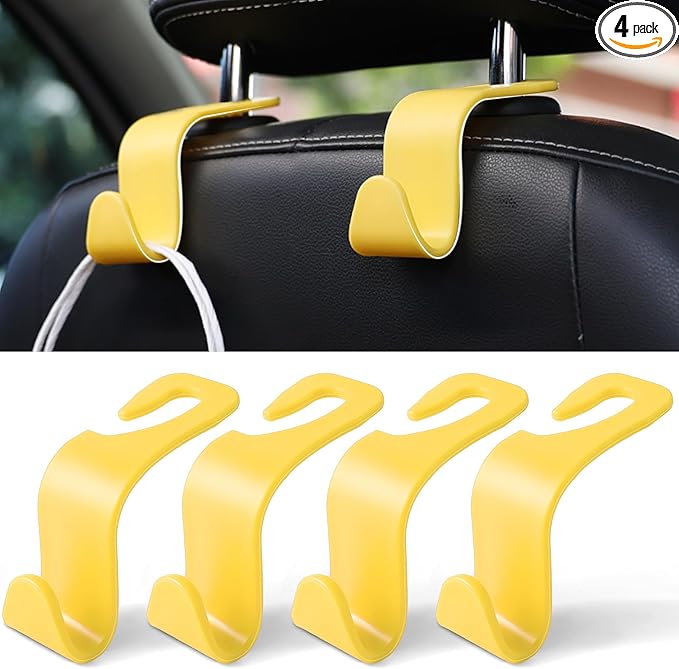 LivTee Car Seat Headrest Hook, Car Headrest Hidden Hook, 4 Pack Universal Auto Car Back Seat Hook Organizer for Purse Coat, Car Interior Accessories (Yellow)