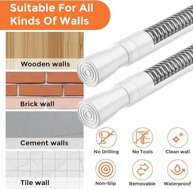 FVONZON Tension Curtain Rod White Spring Tension Curtain Rods 26-39 inch 2Pack Adjustable Spring Rods Extendable Tension Rod For Closet, Window, Kitchen,Bookshelf,Bathroom