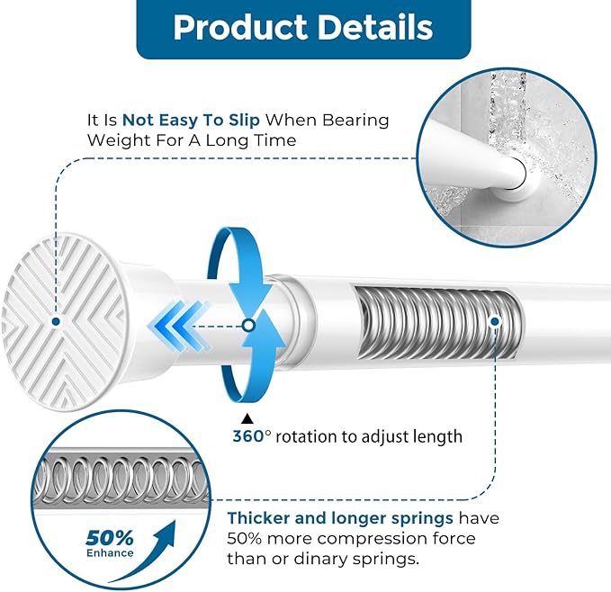 AIZESI 2pcs White Adjustable Tension Curtain Rod, 31-63 Inch Spring No Drill Stainless Steel Shower Rods for Bathroom，Closet ，Window–Rust Resistant，Non-Slip