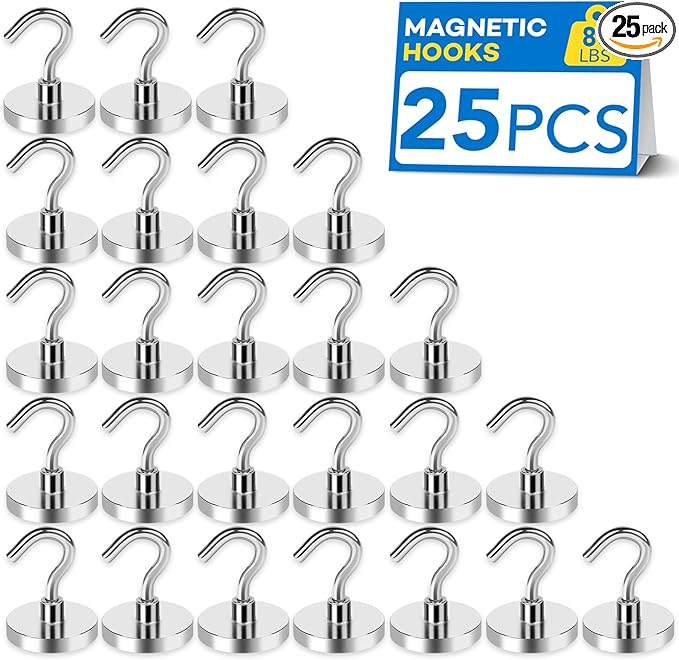 LOVIMAG Magnetic Hooks 25 Pcs, 85lbs Magnet Hooks for Cruise Cabins, Heavy Duty Magnets with Hooks for Classroom Must Haves, Neodymium Magnet Hook for Fridge, Ceiling, Locker, Camper, Travel