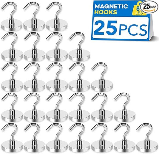 LOVIMAG Magnetic Hooks 25 Pcs, 85lbs Magnet Hooks for Cruise Cabins, Heavy Duty Magnets with Hooks for Classroom Must Haves, Neodymium Magnet Hook for Fridge, Ceiling, Locker, Camper, Travel