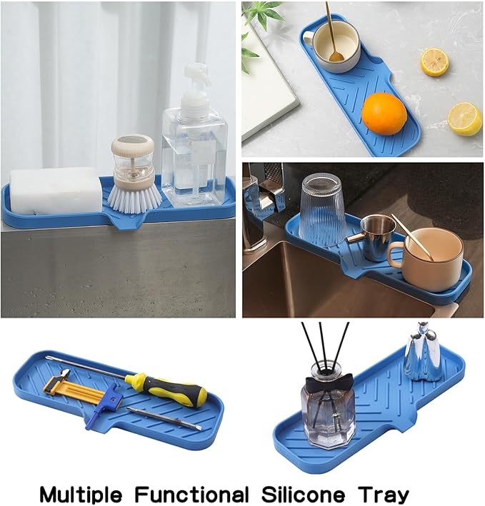MicoYang Silicone Soap Dish with Drain Spout — Self-Draining Double Sink Organizer Tray for Kitchen & Bath, Dispensers, Sponges & Soap Holder, Non-Slip & Dishwasher Safe, Lichen Blue (Large, 12"×4")