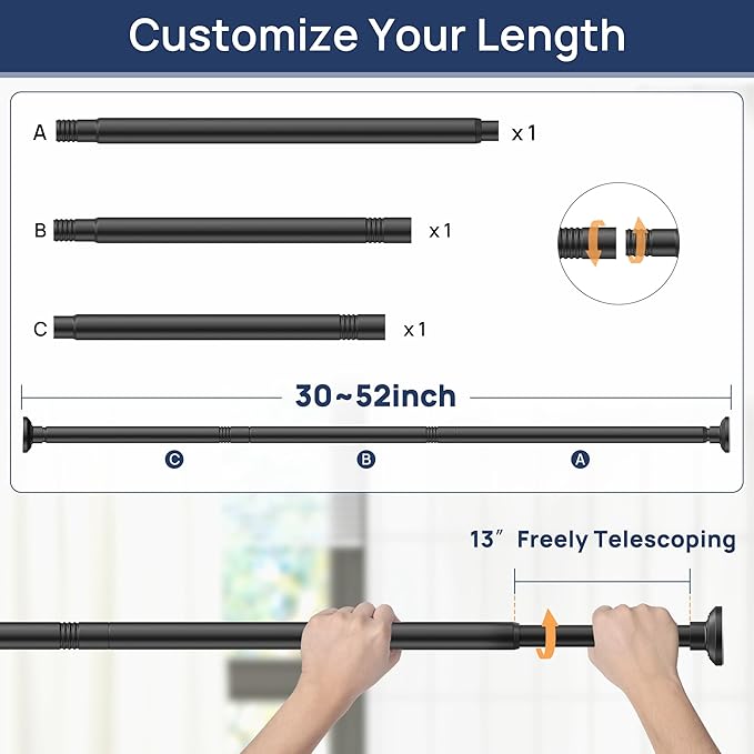 ENJOYBASICS Matte Black Shower Curtain Rod 30 to 52 Inches, 1 Inch Stainless Steel Adjustable Spring Tension Rods No Drill for Bathroom, Closet, Window, Room Divider, Never Rust, Non Slip