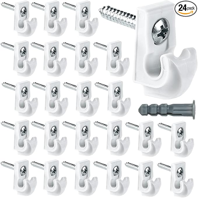 24 Pack White Down Wall Clip Closet Shelves Clips Wire Shelf Loop Clip Plastic Heavy Duty Wire Shelf Brackets Included Clips Screws and Expansion Tubes for Wire Closet Shelving