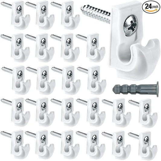 24 Pack White Down Wall Clip Closet Shelves Clips Wire Shelf Loop Clip Plastic Heavy Duty Wire Shelf Brackets Included Clips Screws and Expansion Tubes for Wire Closet Shelving