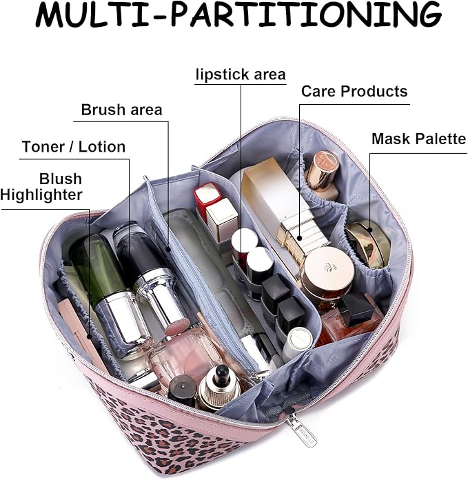 Travel Makeup Bags Organizer for Women: 3 Pcs Set Cosmetic Bag - Large Make up Bag with Compartments - Flat Open Waterproof Leather Toiletry Bags for Skincare, Brushes & Travel Essentials - Pink
