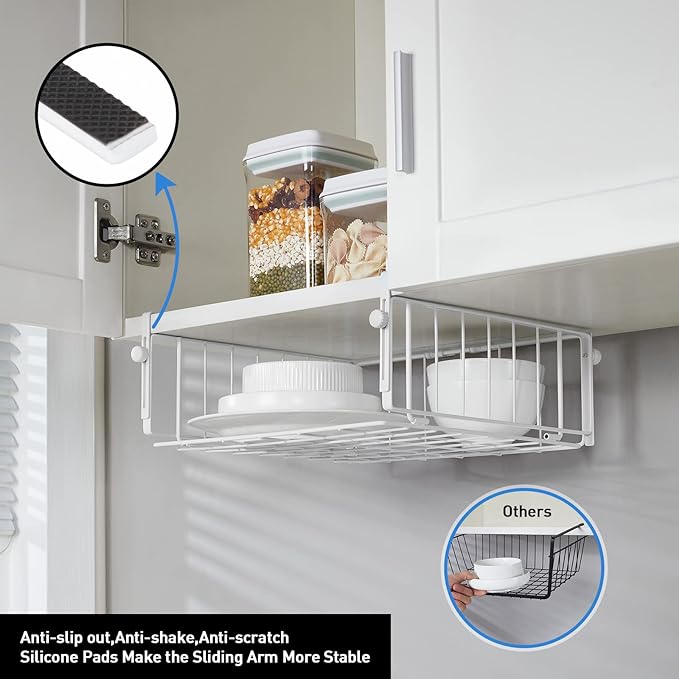 AmonHouseware 2 Pack Hanging Under Shelf Storage Basket,Adjustable Under Cabinet Add-on Storage Racks Slide-in Baskets Organizer for Laundry Room Kitchen Pantry Desk Bookshelf, White