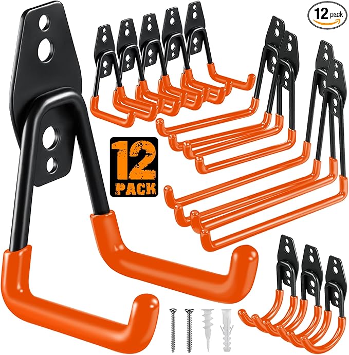 HUPBIPY 12 Pack Garage Hooks Heavy Duty Utility Steel with Anti-Slip Coating Wall Mount Storage Organizer for Hanging Power and Garden Tools, Ladders, Hose, Bikes, Ropes, Bulk Items, and More