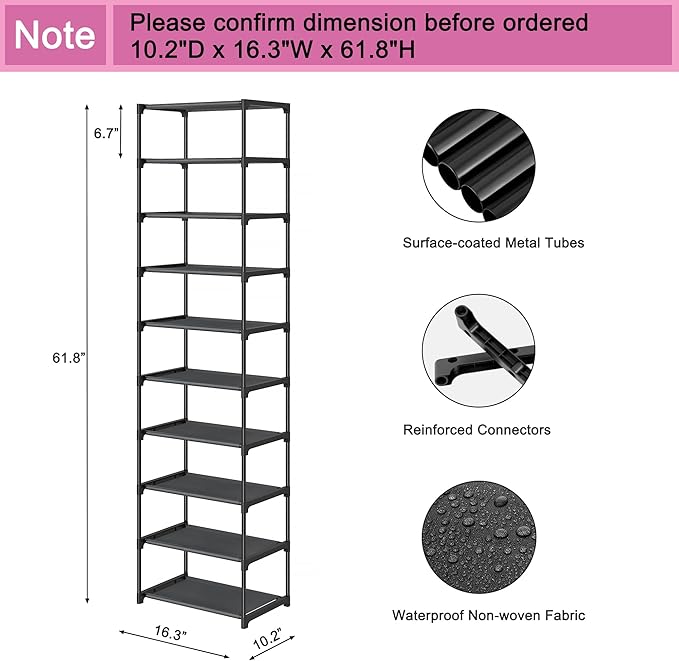 10 Tier Tall Shoe Rack, Non-Woven Fabrics Compact Narrow Shoe Stand Shelf, Vertical Small Space Saving Storage Organizer for Closet Floor, Front Door Entrance, Entryway, Black