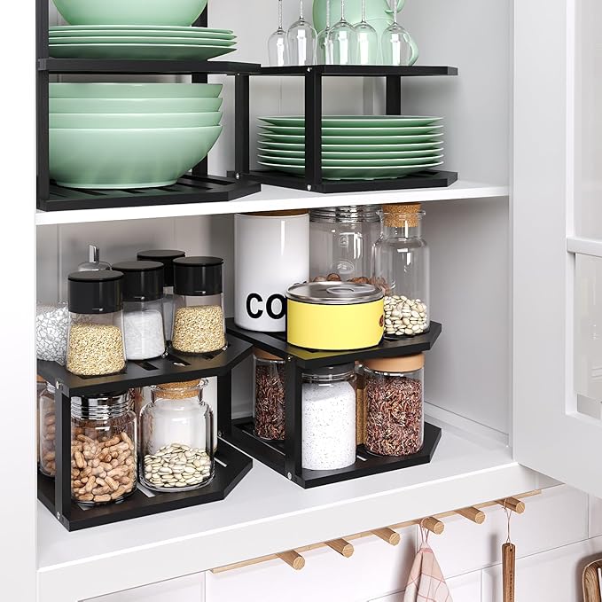Bamboo Corner Shelf(3 Pack),2 Tier Plate Organizer for Cabinet and Countertop,Pantry Dish and Spice Rack for Kitchen(Black)