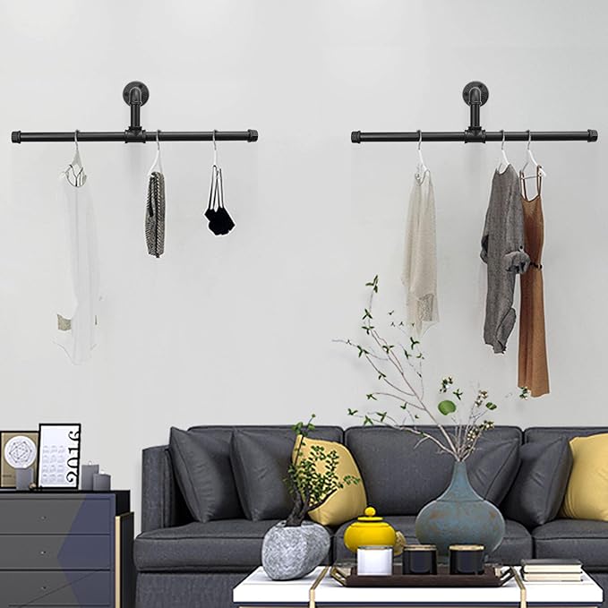 Industrial Pipe Clothes Rack Floating DIY Wall Mounted, Heavy Duty Rustic Vintage Clothing Rod, Metal Garment Bar Space-Saving Hanging for Bedroom, Bathroom and Laundry Room (Black 20 Inch)