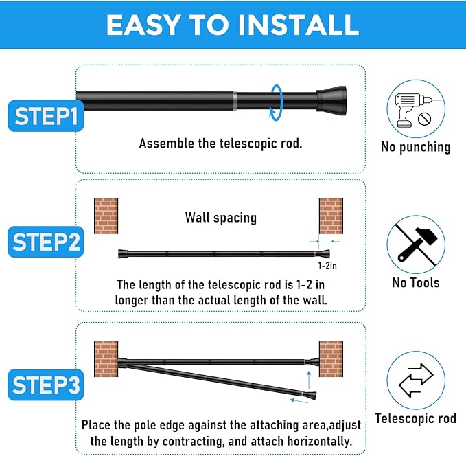 Spring Tension Curtain Rod 30 to 64 Inch, Adjustable Curtain Rods No Drilling Spring Loaded Curtain Rods for Windows Doors Kitchen Closet, Black