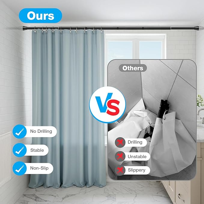 Shower Curtain Rod 44-77 inch Black Tension Rod Shower rod Non Slip Tension Curtain Rod Adjustable Curtain Rods No Drilling Shower Rods for Bathroom Windows Closet
