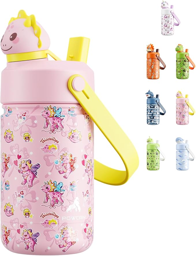 POWCAN 12 oz Kids Water Bottle: 2-in-1 Straw Spout Lid with Soft Animal Head, Leakproof, Backpack Friendly, Keep Cold 24H, Cute Patterns, Insulated Cup for School, Playtime, Trip, Gift (Lovely Trike)