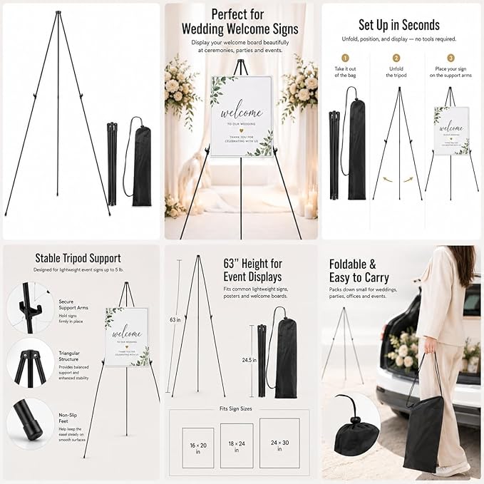 RRFTOK Easel Stand for Sign,63'' Instant Lightweight Portable Ground Easel for Wedding Sign and Poster Display Stand, Metal Tripod with Portable Bag,1-Pack.
