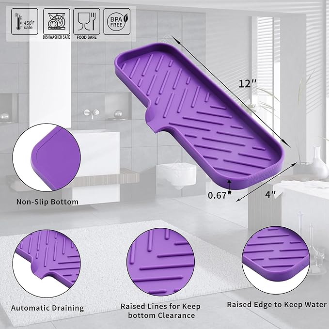 MicoYang Silicone Soap Dish with Drain Spout — Self-Draining Double Sink Organizer Tray for Kitchen & Bathroom, Dispensers, Sponges & Soap Holder, Non-Slip & Dishwasher Safe, Purple (Large, 12"×4")