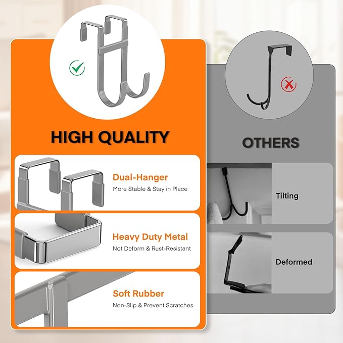 FYY Over The Door Hooks - 4 Pack Heavy Duty Double-Hanger Organizer for Bathroom Bedroom Dorm, Hanging Clothes Towels Hats Bags Ironing Board Wreath Robe - Fits Interior Doors Up to 1 3/8" Grey