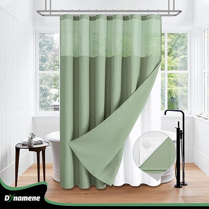 Dynamene 78 Inch Long Shower Curtain, Tall Waffle Fabric Shower Curtains for Bathroom, Hotel Waterproof Cloth Shower Curtain Liner Set with Hooks, Snap in Liner, Mesh Top Window, Sage Green, 72x78