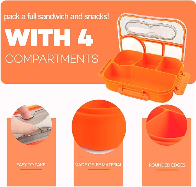 Bento Box for Adults,4 Compartments Lunch Box, Snack Containers Reusable Lunch Containers Drop-Proof, Dishwasher Safe & Made with BPA-Free Materials, Orange