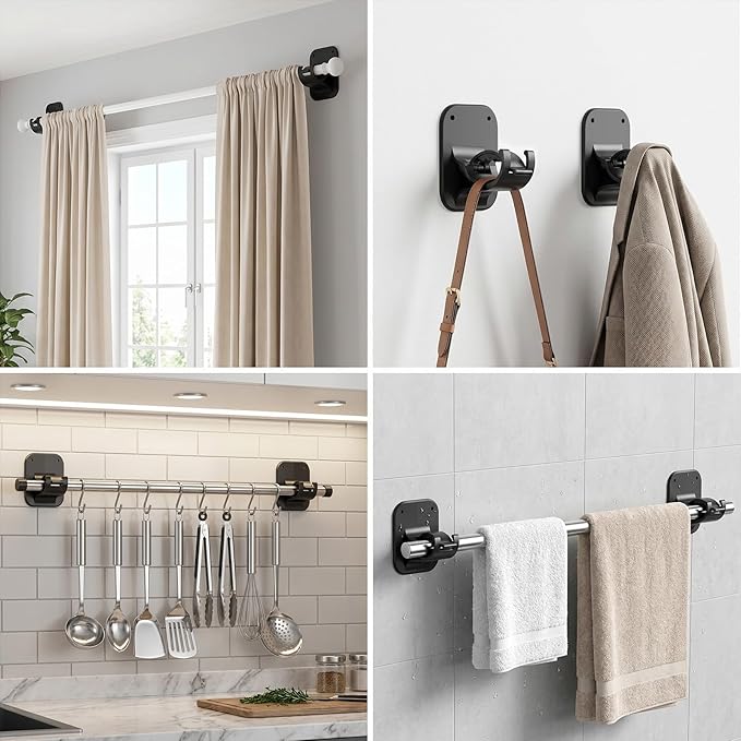 No Drill Curtain Rod Brackets - 20LB, 6 Pack Self Adhesive Curtain Rod Holder, Peel and Stick Wall Hooks, Renter Friendly Upgrades for Apartment, Kitchen, Bathroom, Dorm, Living Room and RV