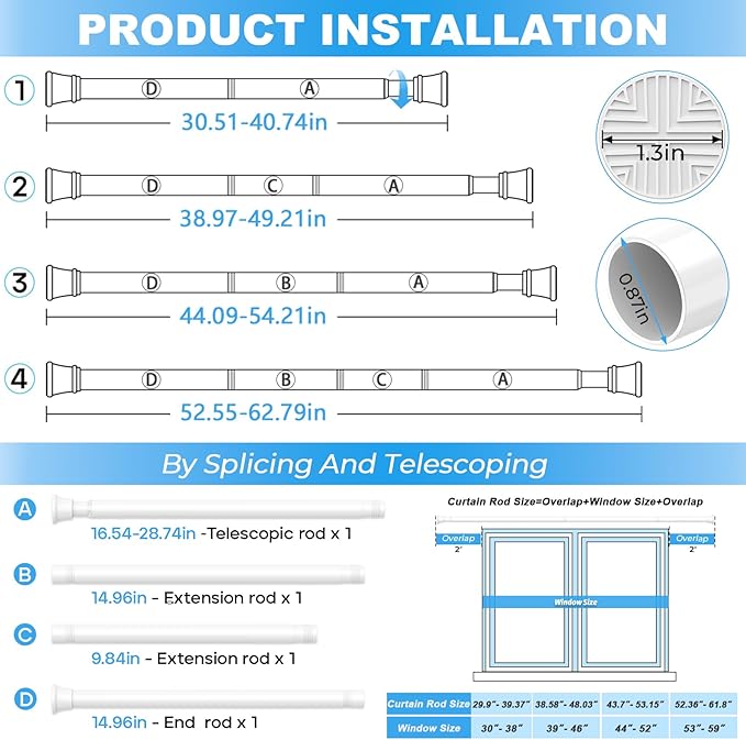 1pack Shower Curtain Rod 31-62 inch Tension Rod White Shower rod Non Slip Adjustable Curtain Rods No Drilling Tension Curtain Rod Shower Rods for Windows Closet