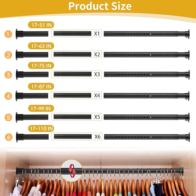 Closet Rod, 17 to 99 Inch Adjustable Closet Rod for Rugged Durability,1.3 Inch Diameter Heavy Duty Closet Rods for Hanging Clothes,Premium Metal Black Closet Poles for Wardrobes