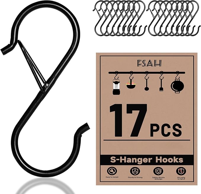 FSAH 17 Pcs S Hooks for Hanging Safety Buckle, 3.5 Inch Stainless Steel S Shaped Locking Hooks for Colleague Dorm, Kitchen, Plants Pots Towels Bags, Black