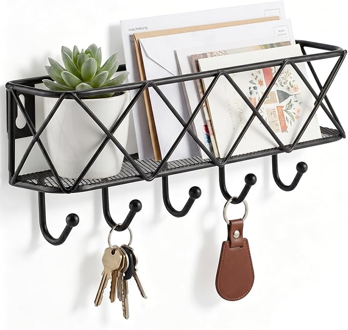 HappyHapi Key Holder for Wall Decorative, Entryway Key Hooks, Wall Mounted Key Rack with 5 Hooks, Metal Wire Mesh Basket Mail Holder, 9.8”Lx2.1”Wx4.1”H
