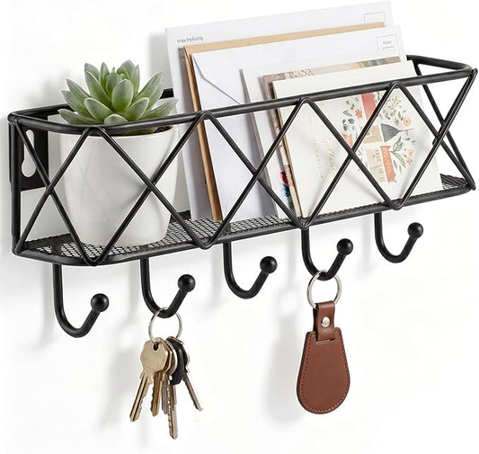 HappyHapi Key Holder for Wall Decorative, Entryway Key Hooks, Wall Mounted Key Rack with 5 Hooks, Metal Wire Mesh Basket Mail Holder, 9.8”Lx2.1”Wx4.1”H