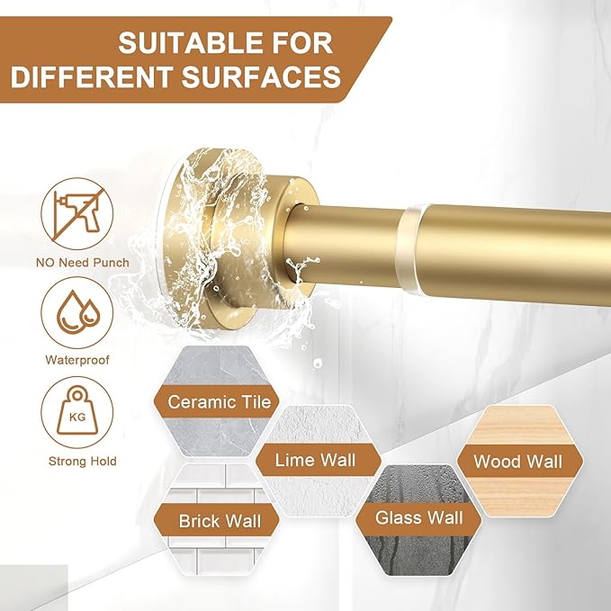 AIZESI Gold Tension Curtain Rod No Drilling 28-50 Inch 1PCS,Spring Tension Rod Non-Slip,Bathroom Shower Rod Non-Rust,Adjusatable Tension Rod For Windows Doorway Curtains