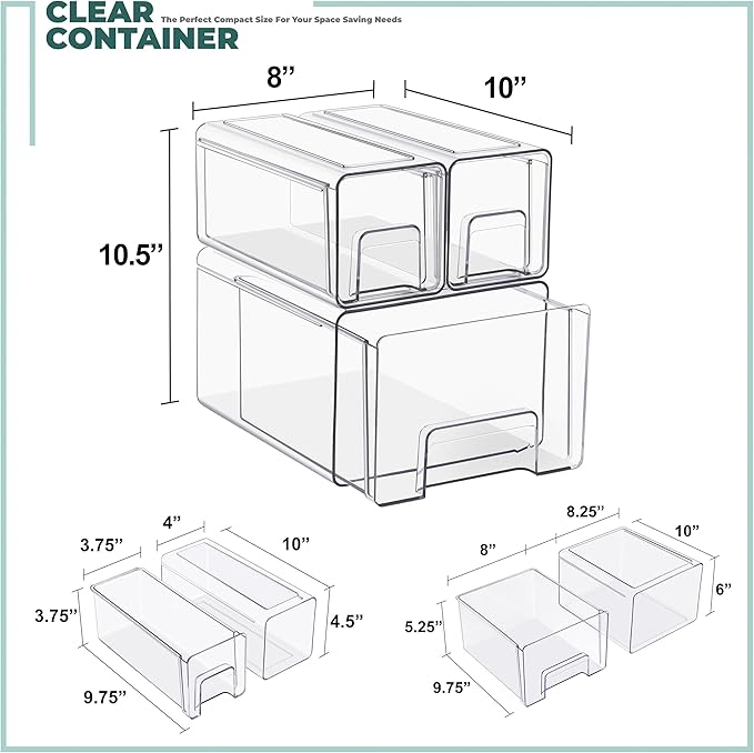 Sorbus 1 Large & 2 Small Clear Stackable Storage Drawers, Plastic Organizer Bins with Handles, Pull-Out Stackable Drawers for Bathroom Closet, Medicine, Cabinet, Pantry Storage, Baby Bottle Organizer