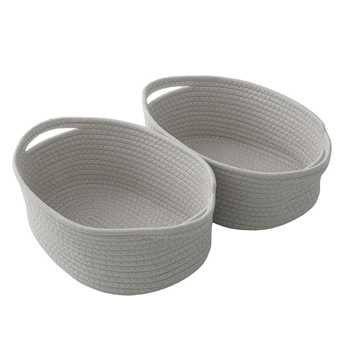 2 Pack Small Woven Rope Basket-Empty Gifts Basket with Bag and Ribbons,Cute Handle Organizer Box for Birthday/Baby Shower, Toy Storage, Nursery Organizing & Shelf Decor(Grey)