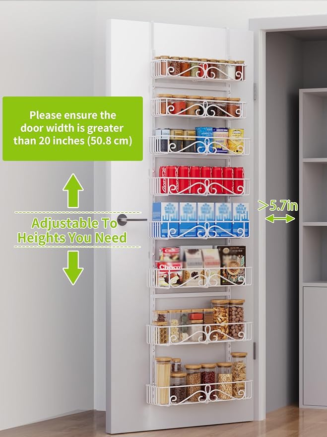 Over the Door Pantry Organizer - 8-Tier Adjustable Pantry Organization And Storage, Metal Hanging Door Spice Rack for Kitchen Pantry Organizers，White