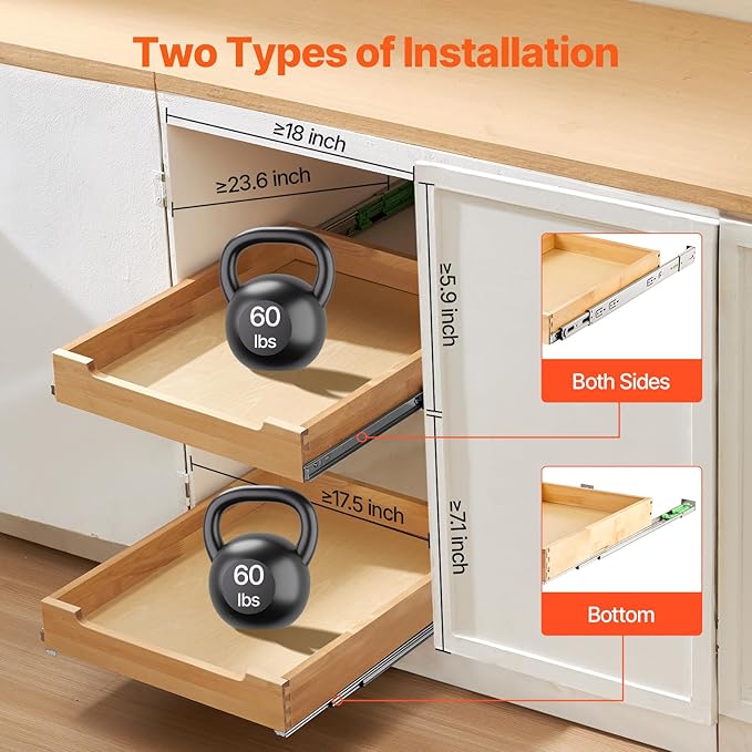 VEVOR Pull Out Cabinet Organizer, 17"W x 21"D Cabinet Drawer, Soft Close Slide out Shelf, Heavy-Duty Sliding Wood Drawer, Bottom Mount Size（17.5"W x 23"D）and Side Mount Size（18"W x 23"D）