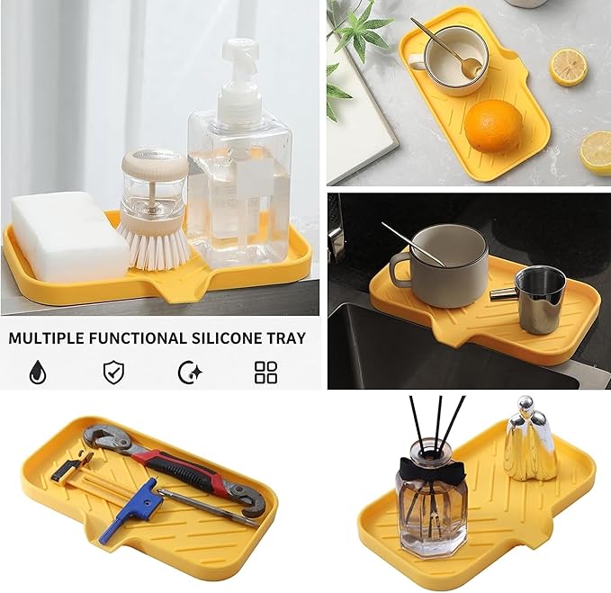 MicoYang Silicone Soap Dish with Drain Spout — Self-Draining Sink Organizer Tray for Bathroom & Kitchen, Sponges, Dispensers & Soap Holder, Non-Slip & Dishwasher Safe, Yellow (Medium, 9.6"×5.3")