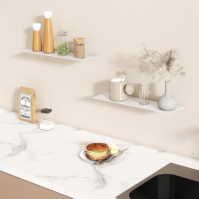 MKO 16" Floating Shelves for Wall, Metal Wall Mounted Shelf for Bathroom, Bedroom, Living Room, Kitchen, Hanging Shelves for Books/Storage/Room Decor 2 Packs, White