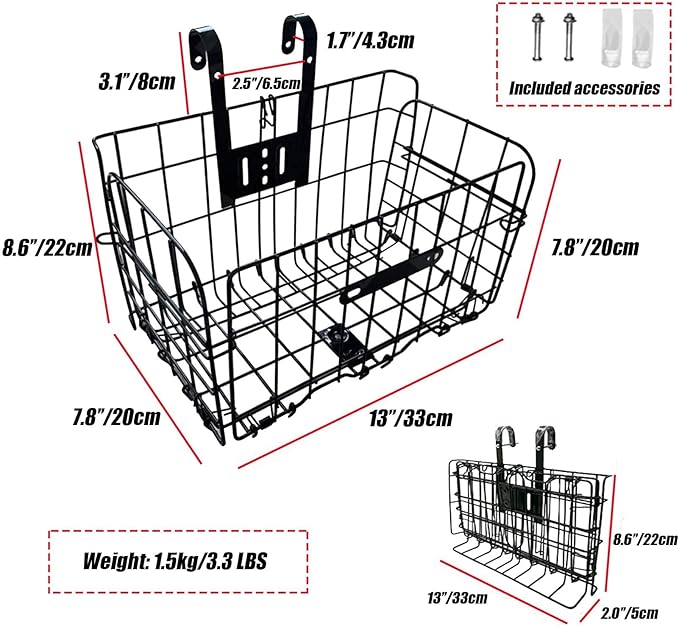Folding Bike Front Basket Bicycle Wire Basket with Handles Easy Installation on Front Handlebar