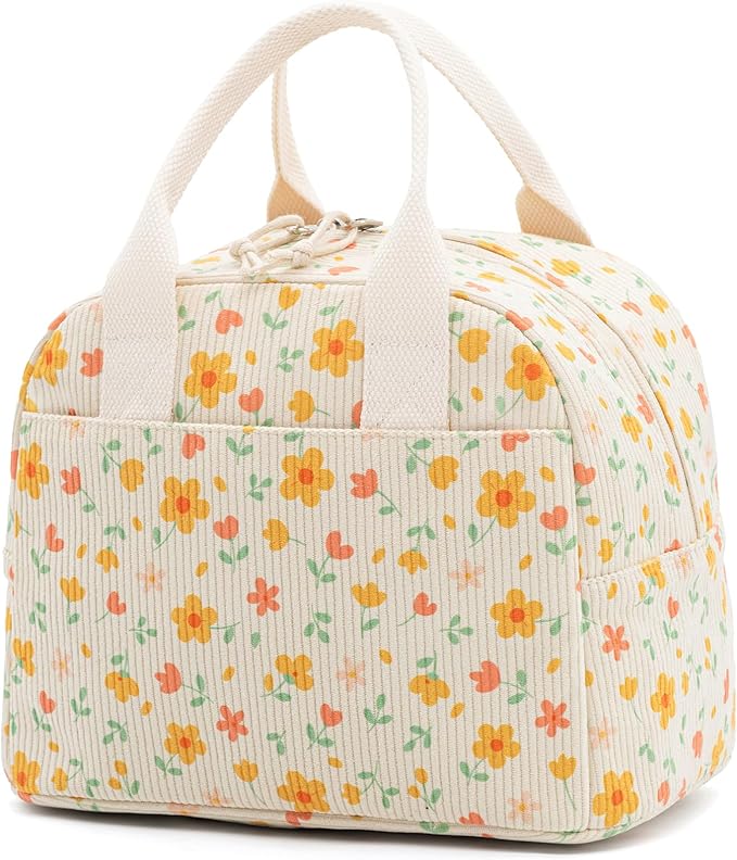 LOVELYWIND Insulated Yellow Floral Lunch Bag for Women, Stylish Corduroy Tote with Aluminum Lining, Large Capacity Reusable Cooler for Work, Travel, Beach or Picnic, Floral Water-Resistant Lunch Box