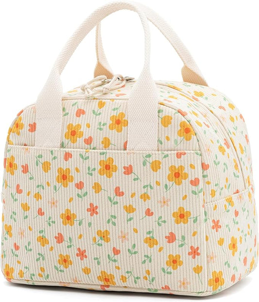 LOVELYWIND Insulated Yellow Floral Lunch Bag for Women, Stylish Corduroy Tote with Aluminum Lining, Large Capacity Reusable Cooler for Work, Travel, Beach or Picnic, Floral Water-Resistant Lunch Box