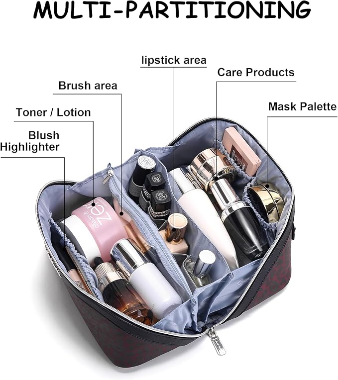 Travel Makeup Bags Organizer for Women: 3 Pcs Set Cosmetic Bag - Large Make up Bag with Compartments - Flat Open Waterproof Leather Toiletry Bags for Skincare, Brushes & Travel Essentials - Red