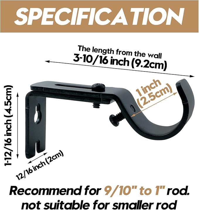 AddGrace Adjustable Curtain Rod Bracket Fits up to 1 inch Curtain Rod Sturdy Premium Brackets for Wall Set of 6 Black