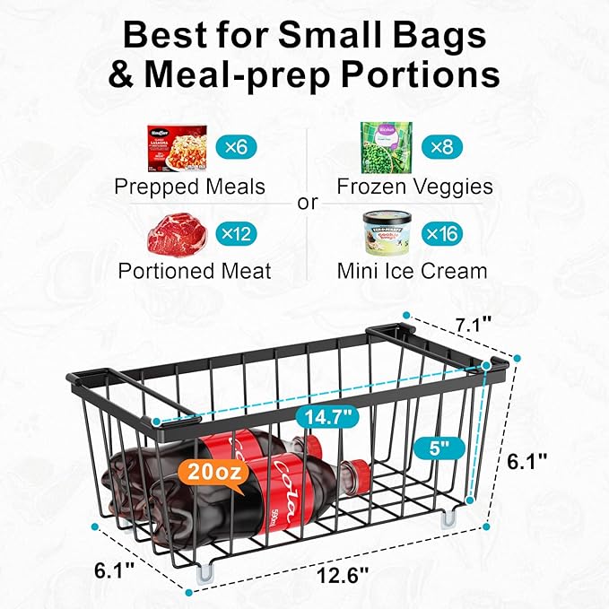 iSPECLE Deep Freezer Organizer Bins - Fits 7 Cu.Ft Chest Freezer, 8 Pack Stackable Wire Baskets(14.7" Length), Heavy Duty Coated Freezer Organizer, Rust Resistant for Frozen Food Sorting, Black