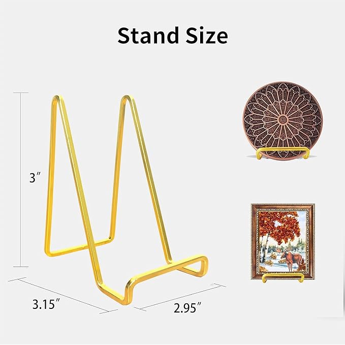 3 Pack 3 inch Metal Plate Stands for Display, Plate Holder Pictures Frame Easel Display Stand, Tabletop Picture Stand, Iron Easels for Display Photo Frames, Plates, Vinyl Record，Book, Sign（Gold）