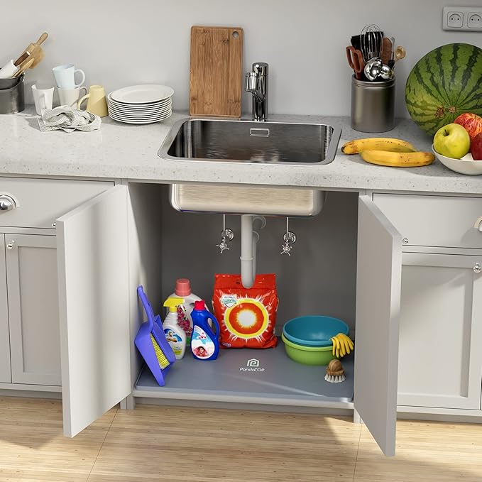 Under Sink Mat, 28" x 19" Silicone Kitchen Cabinet Tray, Waterproof & Flexible Under Sink Liner for Kitchen Bathroom and Laundry Room