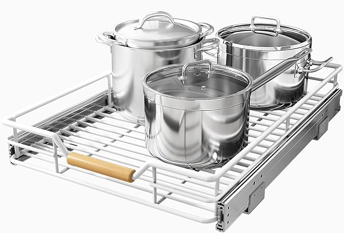 Pull out Cabinet Organizer, 12"W X 21"D, Heavy Duty Smooth Sliding Under Cabinet Shelves for Pots and Pans, Full-Extension Roll out Drawers, Slide out Organization for Home Kitchen Pantry, White