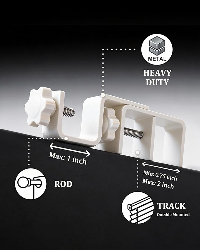 Mimiio No Drill Curtain Rod Brackets for Outside-Mount Blinds, Tool-Free Over-Blind Curtain Rod Holders, Fits 1-2" Rectangular Headrails, No Wall Damage, Renter Friendly Window Hardware, 2 Pack, White