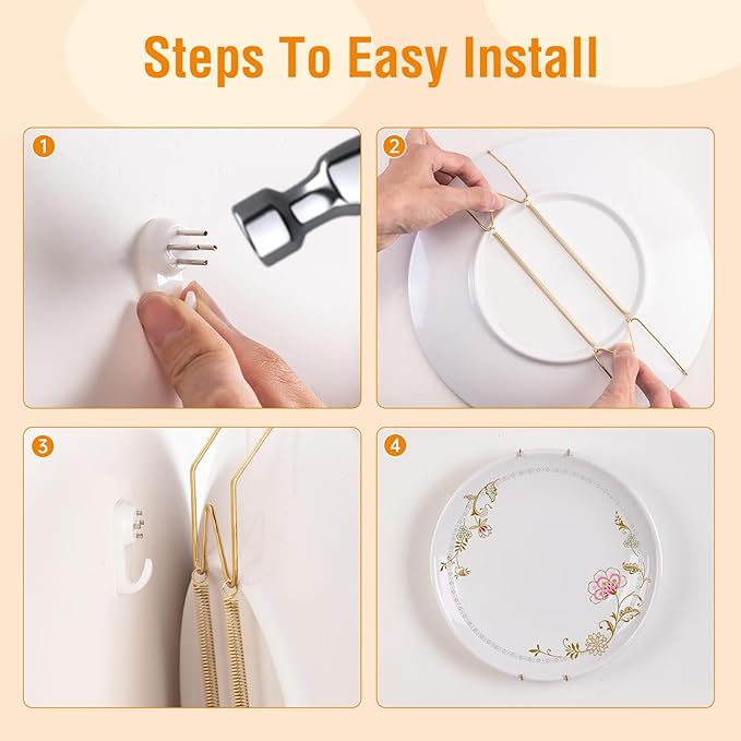 Bilillo 4 Pack Plate Hangers for the Wall, Suitable for 9-11 inch Art Plate, Stainless Steel Invisible Heavy Duty Wire Plate Holder with Wall Hooks, Plate Hangers for Displaying Plates