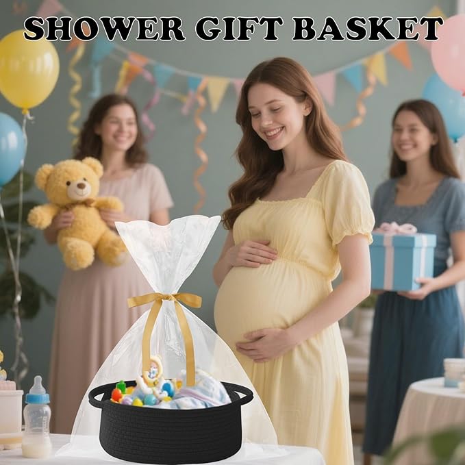 Small Woven Rope Basket-Empty Gifts Basket with Bag and Ribbons,Cute Handle Organizer Box for Birthday/Baby Shower, Toy Storage, Nursery Organizing & Shelf Decor(Black)