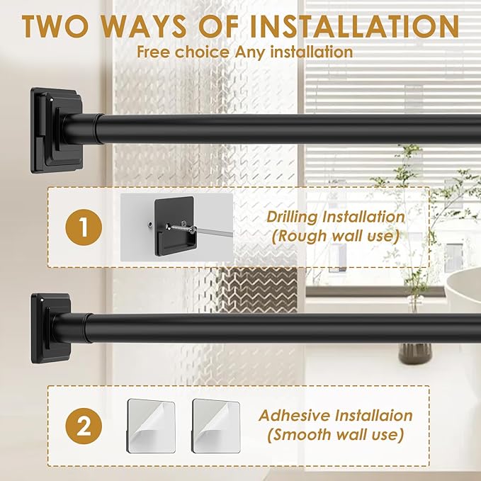 Black Shower Curtain Rod,Spring Tension Curtain Rod 30-88”,No Drill or Screw Installation Shower Rod for Bathroom, Closet, Kitchen with Brackets