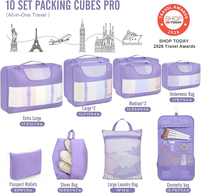 Veken 10 Set Packing Cubes for Travel Essential, Suitcase Organizer Bags in 4 Sizes, Carry-On Luggage Accessories with Large Laundry & Shoes Bag, Must-Have for Airplane, Road Trip & Camping